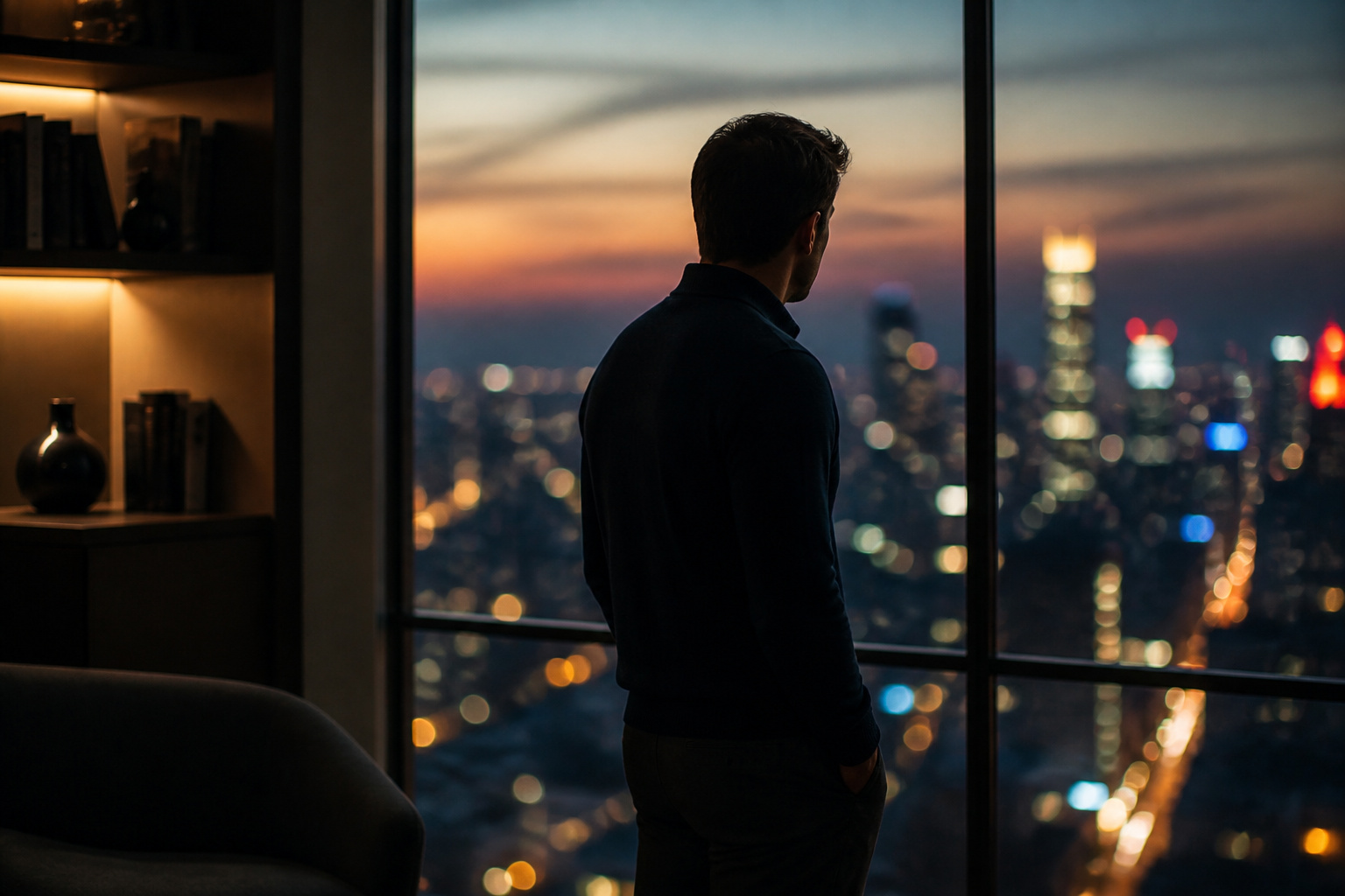 Homme contemplant le crepuscule urbain