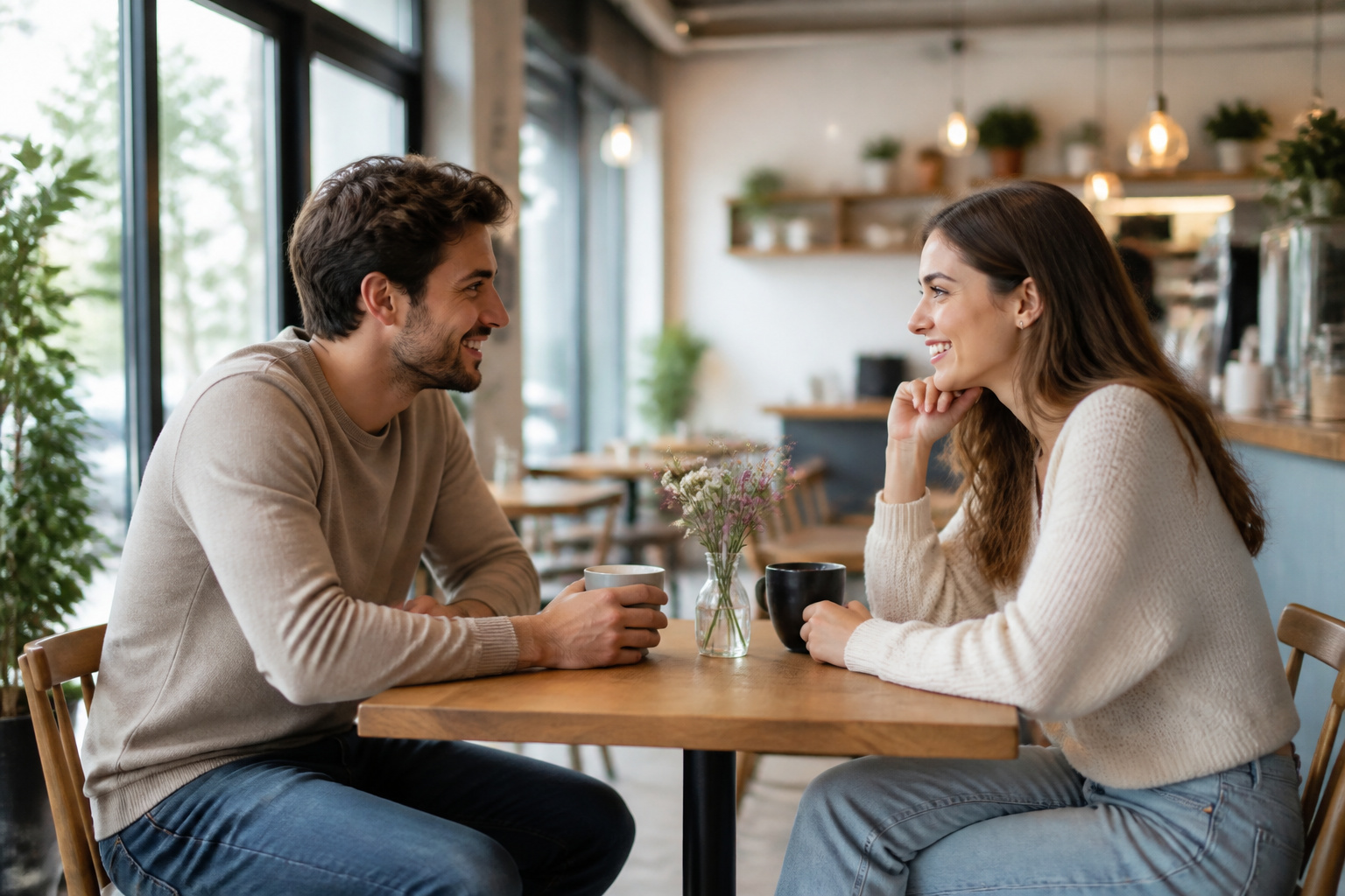 Couple souriant dans un cafe moderne