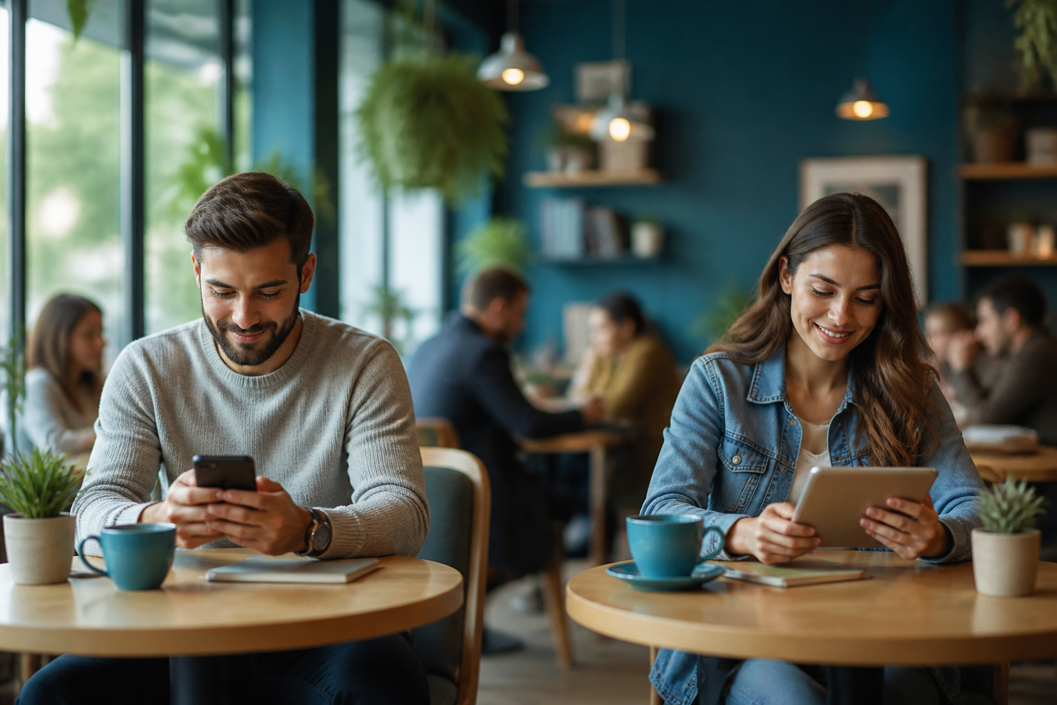 Connexions numeriques dans un cafe moderne