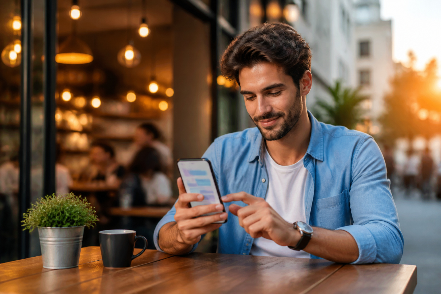 Homme souriant utilisant son smartphone